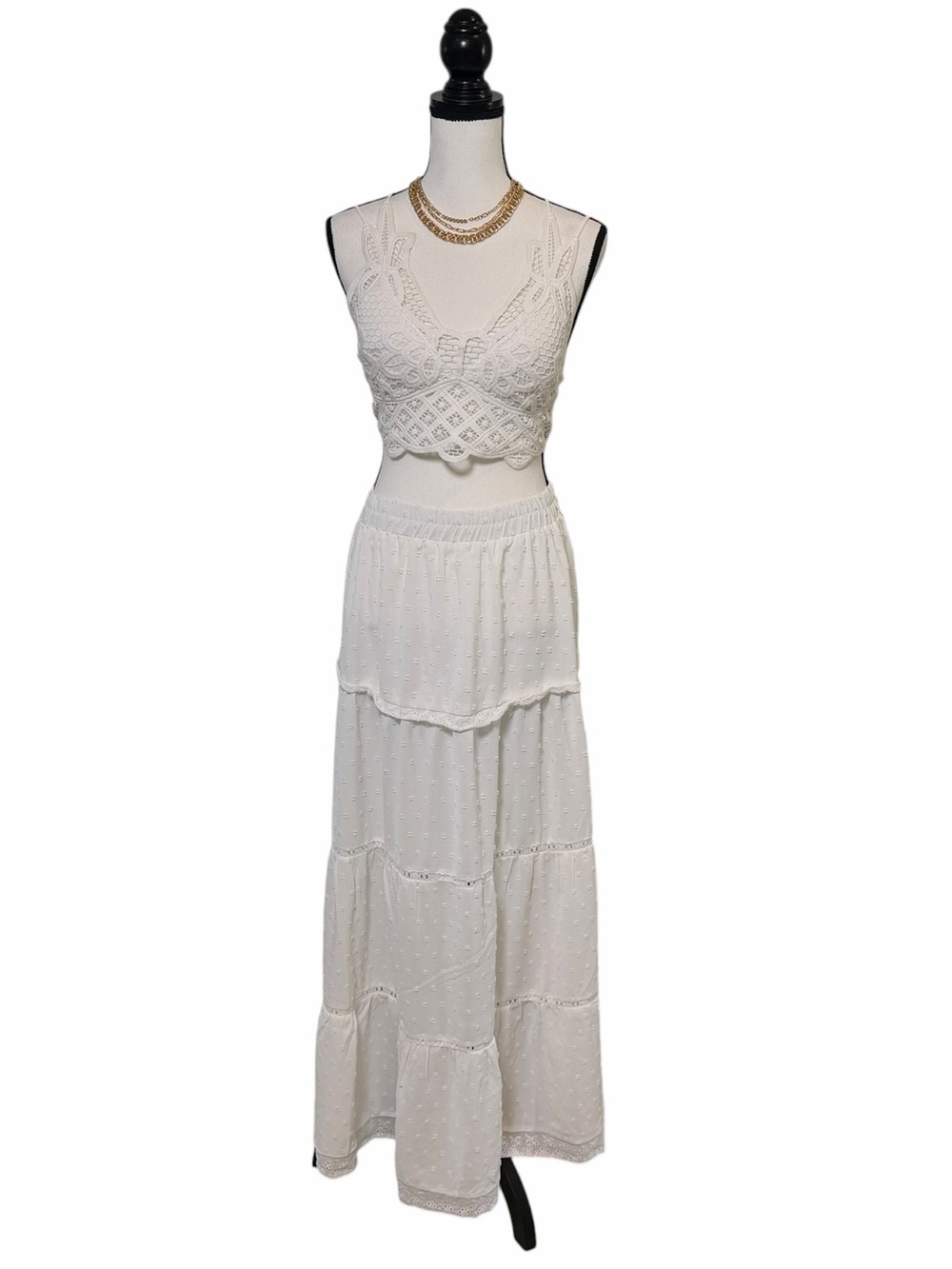Boho Tiered Ruffle Maxi Skirt with Sexy Side Slit- White Eyelet details